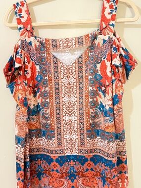 Cold-Shoulder Floral Print Women's Top in Coral & Teal blue